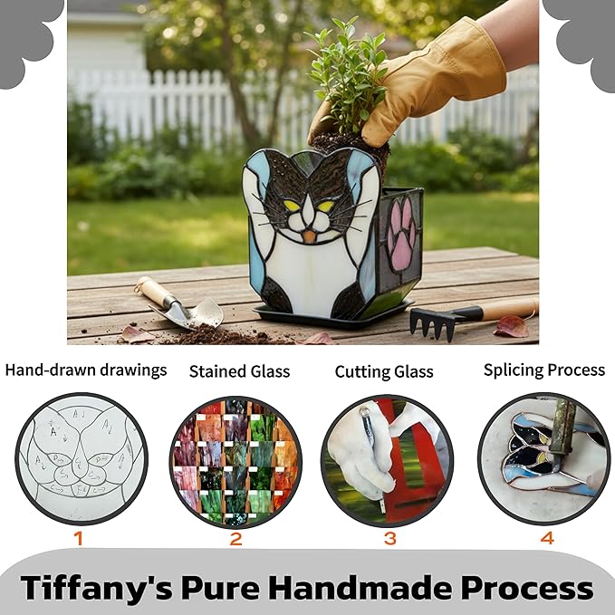 Stained Glass Black Cat Planter, Succulent Pot with Drainage, Indoor Plant Container, Decorative Pencil Holder, Teacher Gift