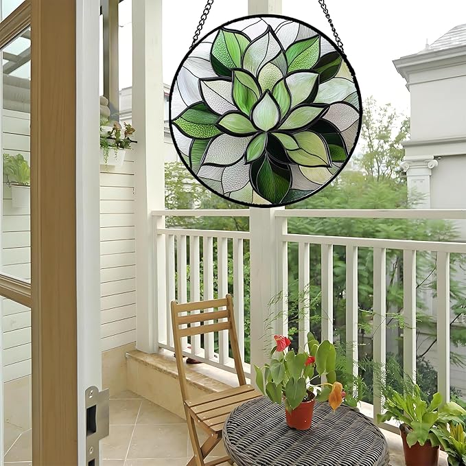 Stained Glass Window Hanging - Ireland Green Plants Suncatcher for Doors Garden Succulent Sun Catchers Decor Mother's St. Patrick's Day Birthday for Women Men Mom Nana 11.8 in
