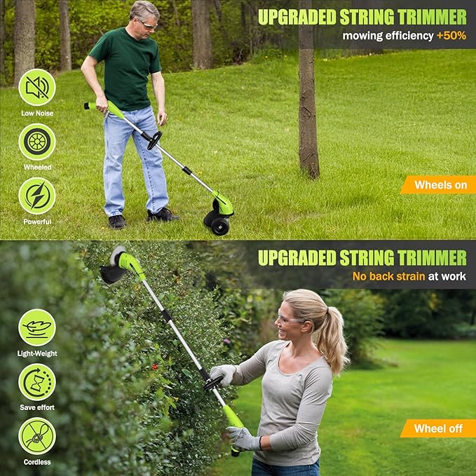 Aokia Weed Wacker Cordless for Lawn: 12V Electric String Trimmer with Wheel - Lightweight 2.0Ah Li-Ion Battery Powered for Yard, Garden, Hedge - Grass Edger with 2 Cutting Blade Types