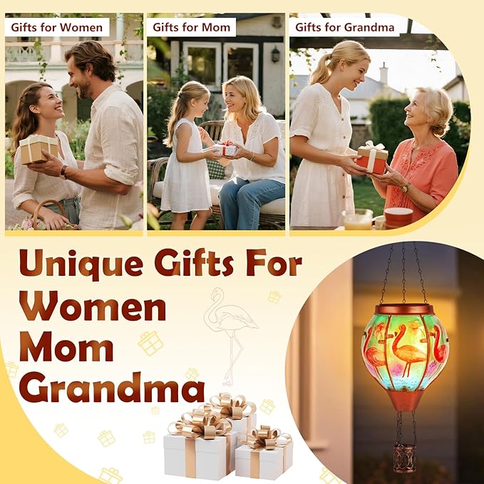 Flamingo Solar Hot Air Balloon Lantern,Outdoor Decor with Flame Lights Waterproof, Hanging for Garden Yard Lawn Patio, Unique Gifts for Women Mom Grandma Gardener for Mother'Day Christmas