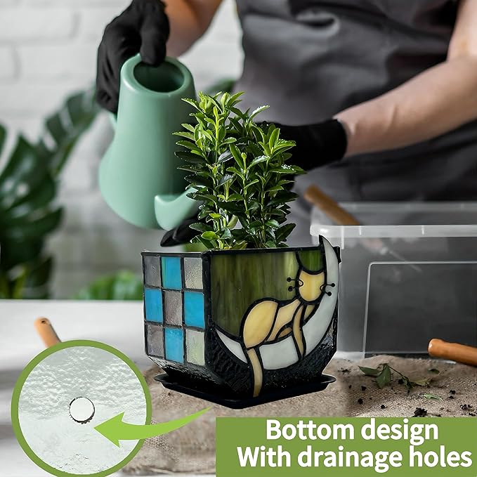 Tiffany Stained Glass Fun Moon Sleeping Cat Planter，Cactus Planter，Cute Planters for Indoor Plants,Decorative Flower Pots As Gifts for Cat Lovers，4.6x3x5.15 in