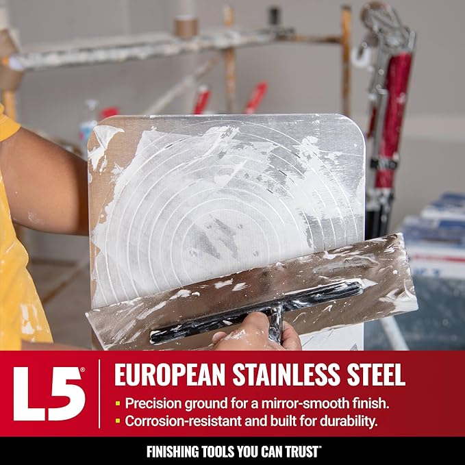 LEVEL5 14" x 4.75" 0.7 MM Drywall Curved Trowel | Triple-Hardened Stainless Steel, High-Impact Handle | Sheetrock Gyprock Wall-Board Plasterboard | 4-972