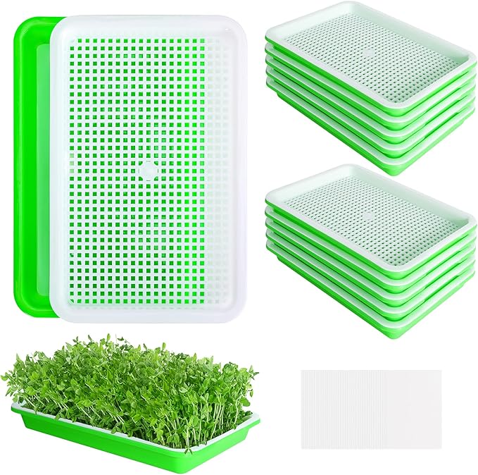 EBaokuup 10Pcs Seed Sprouter Tray with Drain Holes - BPA Free Seed Garden Plant Germination Propagation Trays, Soil-Free Wheatgrass Tray Sprouter Microgreens Growing Kit with Germinating Paper