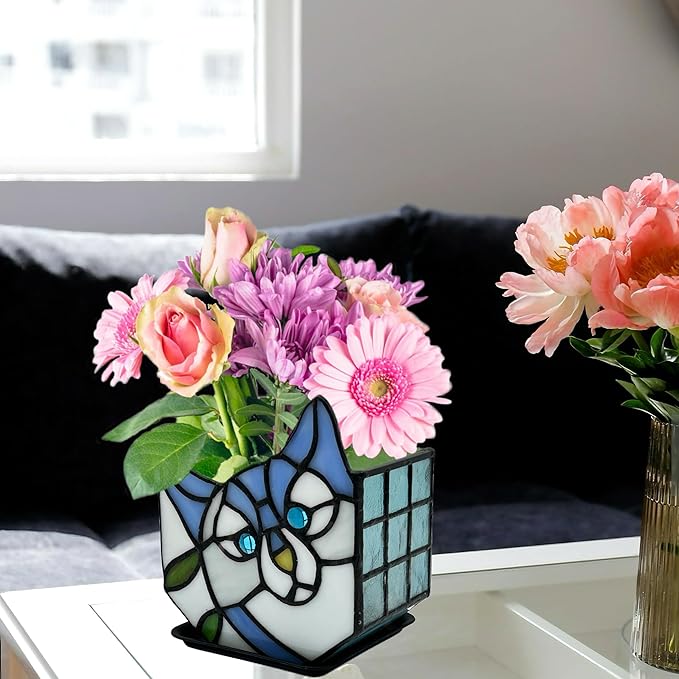 Stained Glass Cat Flower Pot,Cute Pots for Plants,Small Plant Pot with Unique Cat Face Design,Tiltable Terrarium Decoration,4.6x3x5.15 in(Excluding Plants)