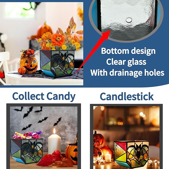 Stained Glass Bat Planter with Drainage Holes, Cute Planter Pots for Indoor Plants, Halloween Stained Glass Bat Decor, Bat Suncatcher Flower Pot, Bat Gifts 4.6x5.15x3 in