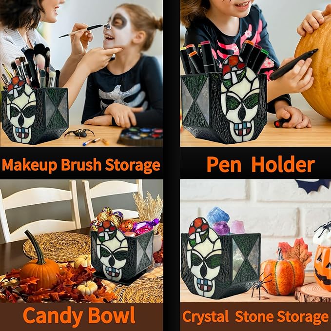 Tiffany Stained Glass Skull Planter,Planters for Indoor Plants,Skull Flower Pot,Candy Bowl,Halloween Planter Decorations 4.6x3x5.15 in