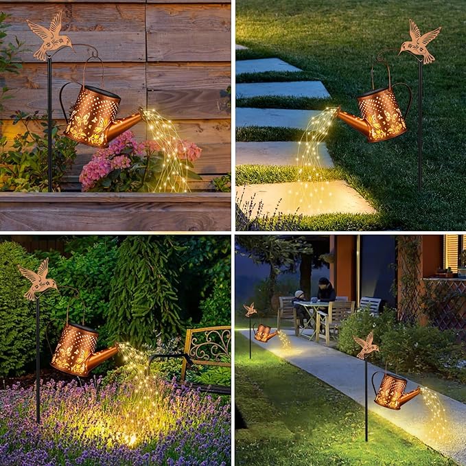 Outdoor Hanging Solar Lantern Waterproof Set Outside Metal Openwork Butterfly watering can Landscape Lights for Garden Yard Patio Pathway Decor Birthday Gifts for Women Mom Grandma -With Floor Pole