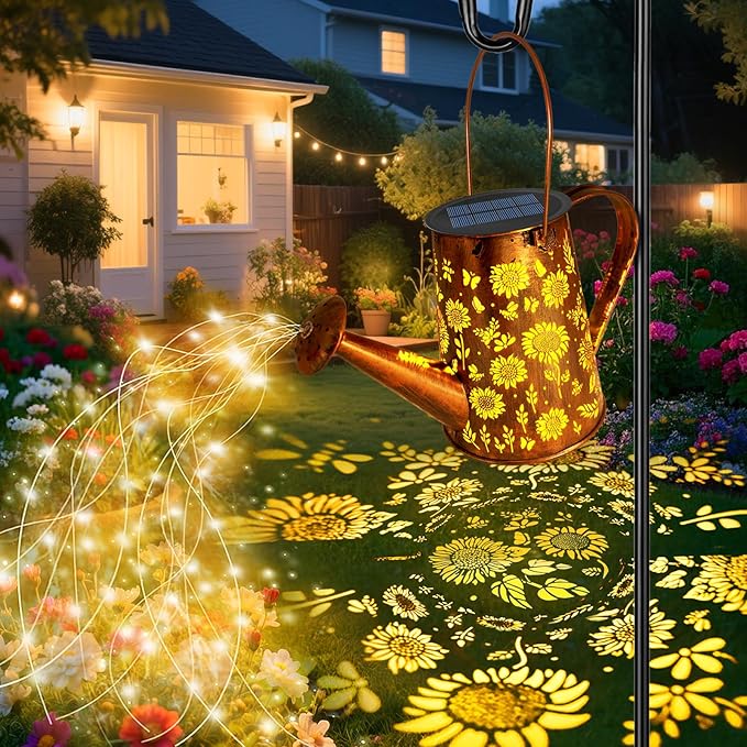 VOOKRY Solar Lights Outdoor Decoration, Large Hanging Metal Solar Watering Can Lights Waterproof Sunflower Garden Decor Outside for Yard Lawn Patio, Gifts for Women Mom Grandma Birthday Christmas