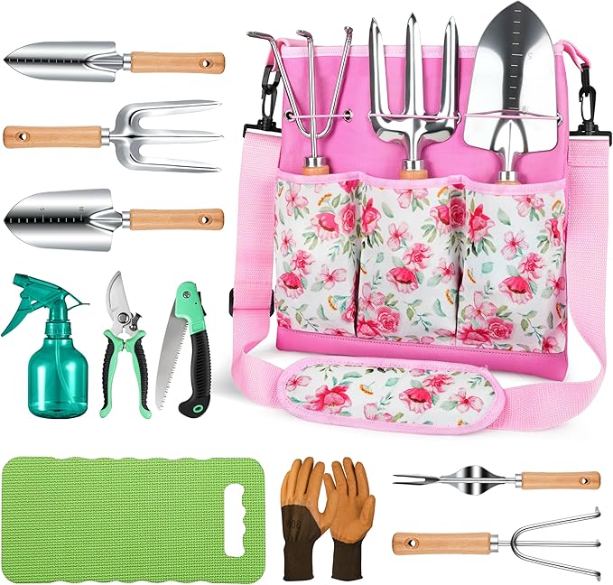 All-in-One Garden Tool Set, 11-Piece Heavy Duty Gardening Tools with Ergonomic Canvas Shoulder Crossbody Bag, Rust-Proof Premium Garden Tool Kit, Gardening Gift for Women Men (Pink)