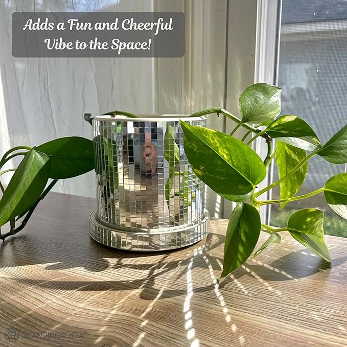 SCANDINORDICA Disco Ball Planter Pot - 4.3 inch Mirror Disco Ball Vase, Disco Planter, Ceramic Planter Pots Indoor with Drainage Hole and Saucer, Cute Desk Decor for Women | 0.2" Mirror Tiles