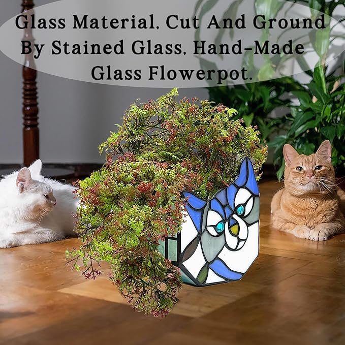 Stained Glass Cat Flower Pot,Cute Pots for Plants,Small Plant Pot with Unique Cat Face Design,Tiltable Terrarium Decoration,4.6x3x5.15 in(Excluding Plants)
