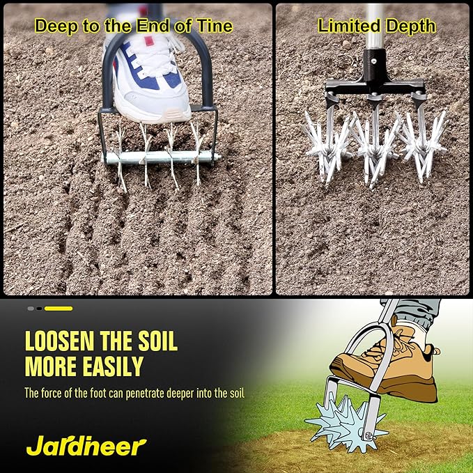 Jardineer Rotary Cultivator for Gardening, Long Handle Garden Cultivator for Soil Mixing, Reseeding, Lawn Aerating, Hand Tiller with Auxiliary Handle Suitable for Women and The Elderly