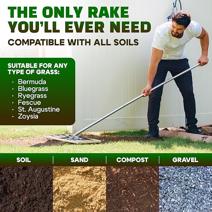 Oris Garden® Lawn Leveling Rake 30 inch - Ground Leveler for yard, sand, soil, grass - Dirt leveling tool, heavy duty stainless steel rakes for golf, grading, gravel, pool seeding, levelling (30 inch)