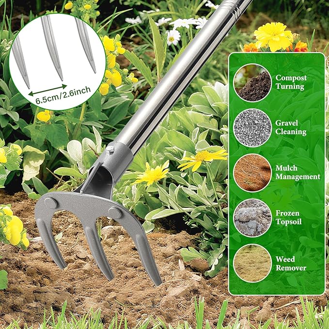 Garden Hand Cultivator Rake: 65" Long Handle Hoe Garden Tool with Ergonomic D Grip, Heavy Duty Iron 3-Tine Tiller Rakes for Gardening,Cultivating, Planting, Digging, Weeding