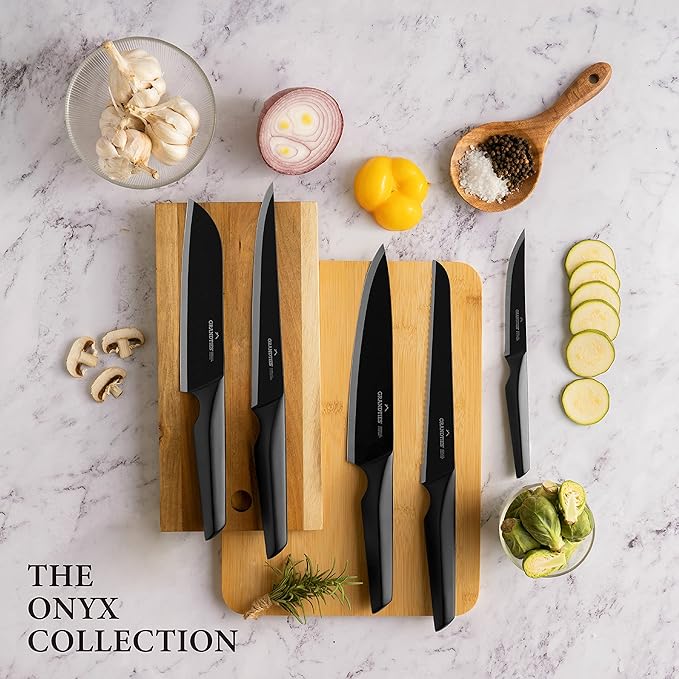GRANDTIES 7 Piece Nonstick Black Kitchen Knife Set With Block Wooden And Sharpener, High Carbon German Stainless Steel, Ultra Sharp Forged Full Tang Chef Knife Set, Apartment Essentials, Kitchen Décor