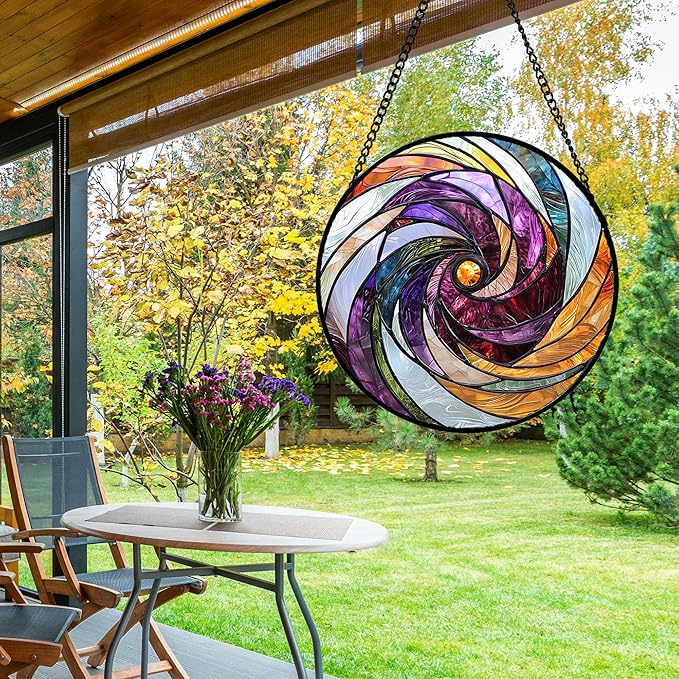 Stained Glass Window Hanging, Colorful Abstract Spiral Pattern Suncatcher for Doors Window Home Sun Catchers Decoration Mother's Day Birthday Gifts for Women, Men, and Mom 7.8 in
