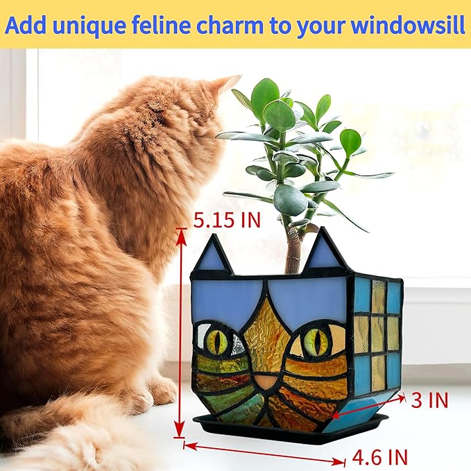 Tiffany Style Stained Glass Cat Flower Pots with Drainage,Funny Blue Cat Planter,Cute Garden Pots,Flower Pots for Indoor Plants,Gifts for Plant Lovers,4.6x3x5.15 in