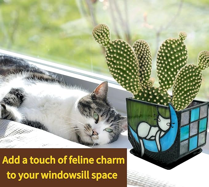 Tiffany Stained Glass Funny Moon Sleeping Cat Planter,Flower Pots for Indoor Plants,Plant Pot with Drainage,Cute Grey Cat Plant Pots,Gifts for Plant Lovers,4.6x3x5.15 in