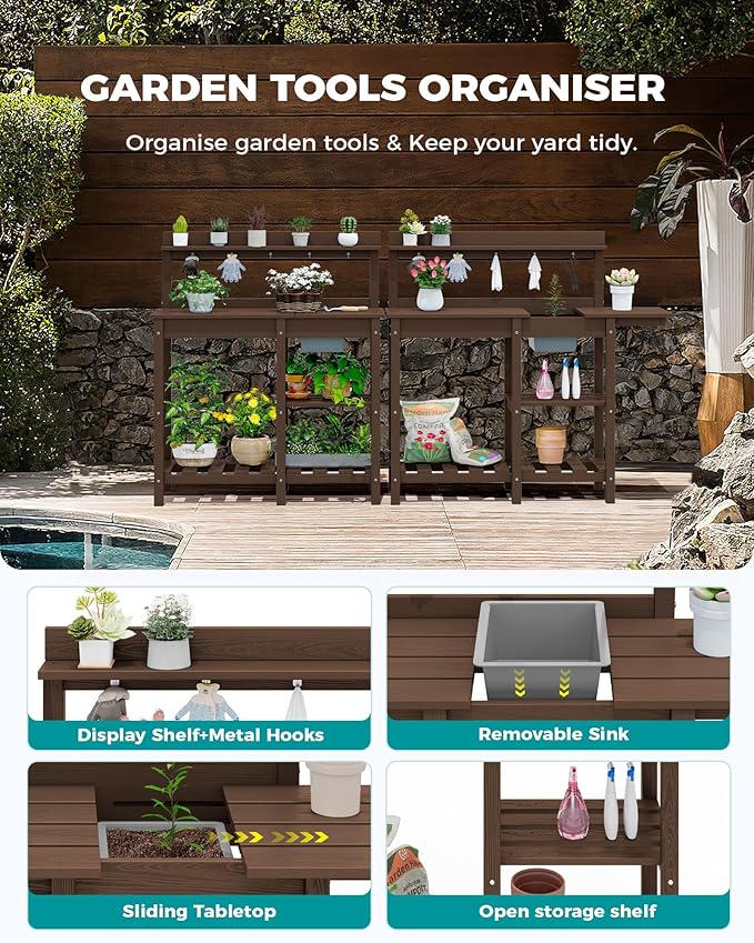 SERWALL Outdoor Potting Bench with Removeable Sink,Rot-Resistant HDPE Potting Table for Outside Gardening, All Weather Use - Coffee
