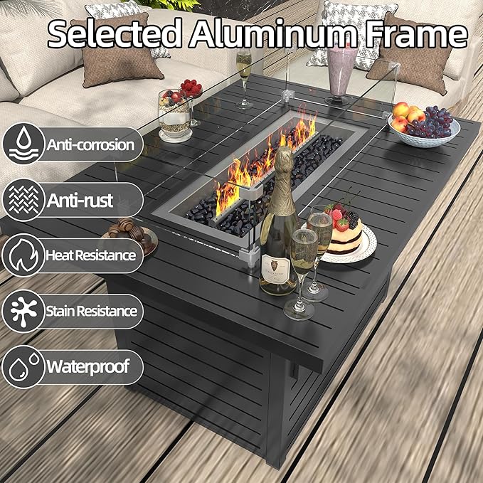 TWT 43.3 inch Outdoor Propane Fire Pit 2 in 1 Firepit Table Gas Fire Pit Table with Lid, Glass Wind Guard Rectangle Gas Firepit Table for Garden/Patio, CSA Certification (Dark Grey)