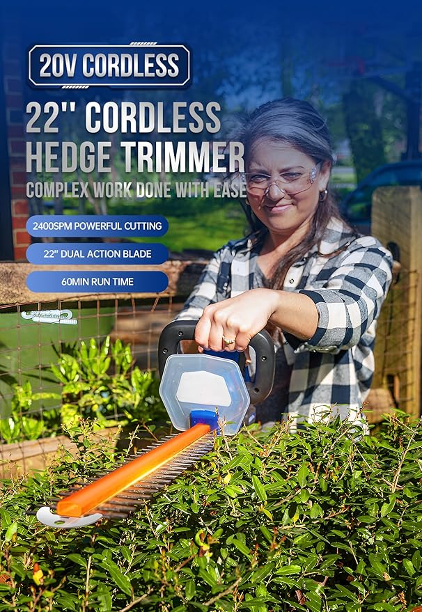 Wild Badger Power 20v Hedge Trimmer Upgrated, 22" Cordless with Guard & Bumper, Lightweight, Powerful, 2.0AH Battery and Charger Included