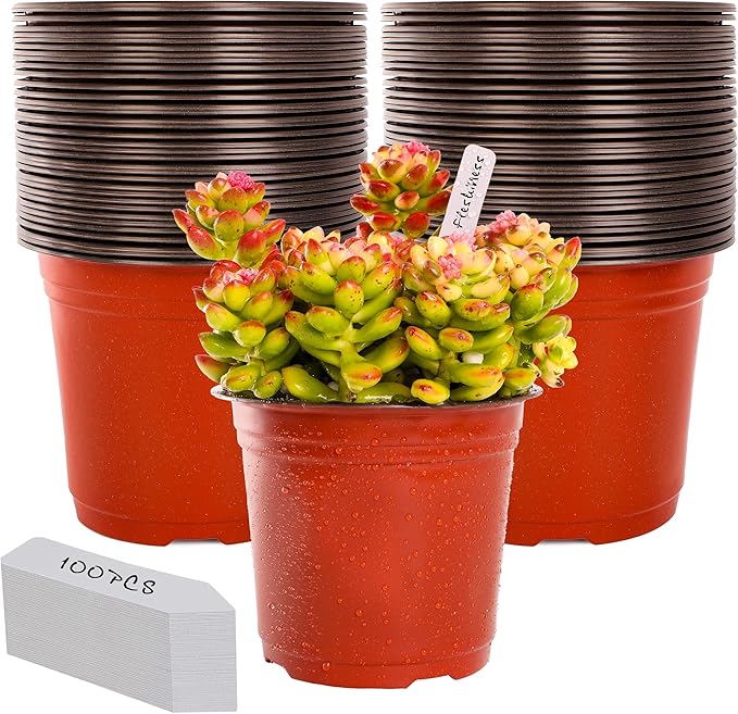 TDHDIKE 6 Inch Plastic Plant Nursery Pots (100pcs Pots and 100pcs Plant Labels) Seedling Flower Plant Container (Red) Seed Starting Pots Indoor/Outdoor