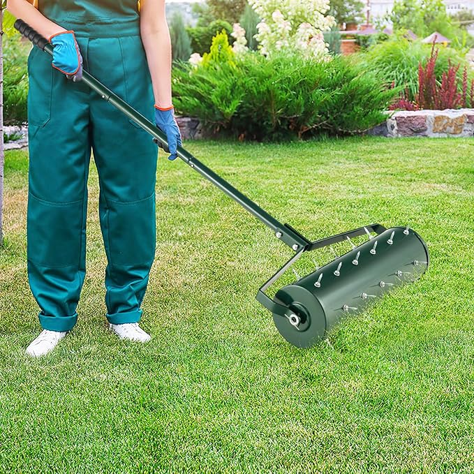 IRONMAX Rolling Lawn Aerator, Sand/Stone Filled Manual Dethatching Soil Aerating Push Tool with Ergonomic Handle, Grass Aerator Lawn Tool for Yard, Garden, Lawn Health Care (21''W x 51''H)