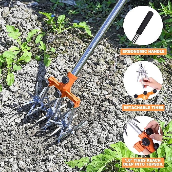 Rotary Cultivator Garden Rotary Tiller Adjustable Stainless Steel Poles Hand Tiller for Soil Mixing or Reseeding Grass Lawn Tiller Total Length 57 Inch