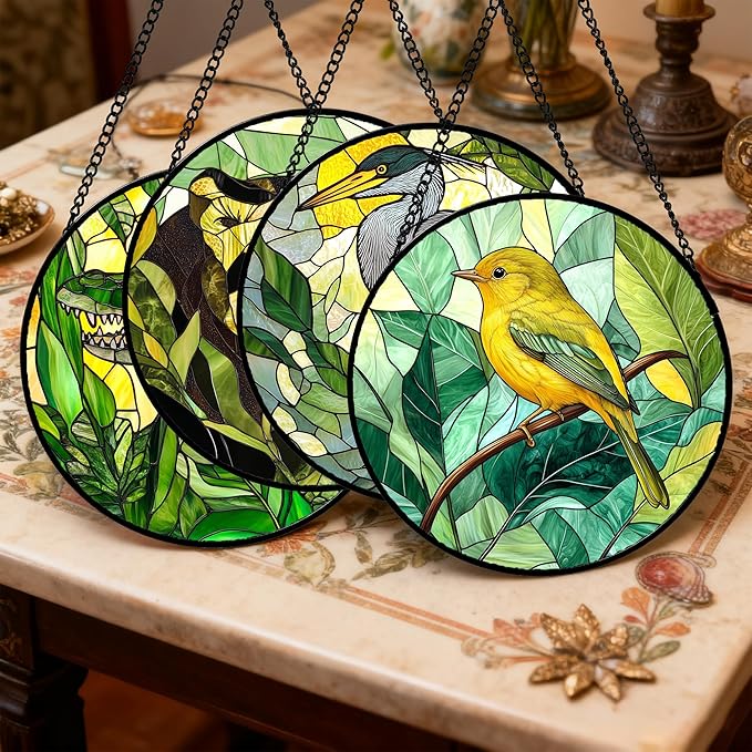 Stained Glass Window Hanging 4 Pcs Set Green Plants Animals Theme 6.3" - Bird Tiger Suncatcher Door Garden Sun Catcher Decor Birthday for Mom Woman Nana Men Friend