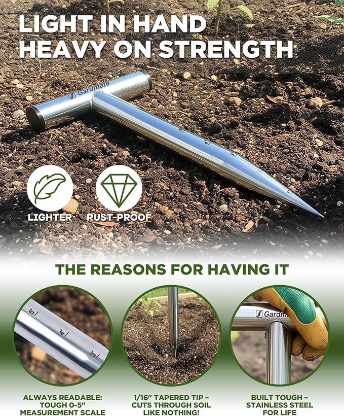 Stainless Steel Hand Dibber with Depth Markings & T-Handle, Rust-Resistant Bulb Planter Tool for Seeds, Seedlings & Bulbs – Ergonomic Design for Garden & Lawn