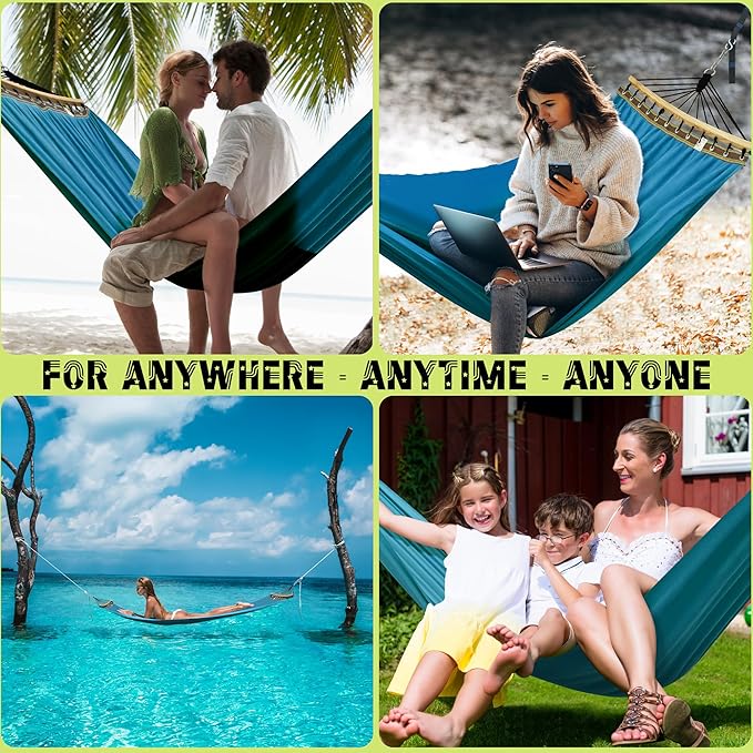 Tranquillo Double Hammock 2 Persons Cotton Canvas 600 lbs Portable Camping Hammock with Solid Wood Spreader Bar Hammock for Camping Portable Relaxation Gear for Camping Patio Garden, Blue