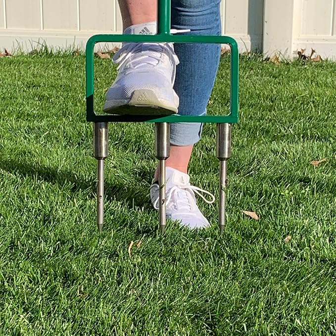 Landzie - The Original Spike Tine Fork Lawn Aerator - 42 Inch Manual Stainless Steel Gardening Hand Tool - Grass Dethatcher Aerator Lawn Tool with Solid Tines for Compacted Soil