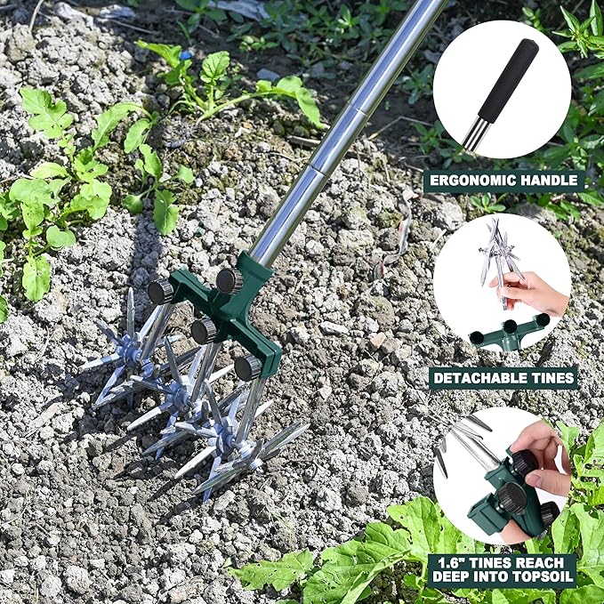 Rotary Cultivator Garden Rotary Tiller Adjustable Stainless Steel Poles Hand Tiller for Soil Mixing or Reseeding Grass Lawn Tiller Total Length 57 Inch