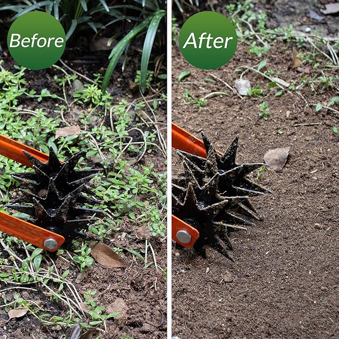 Walensee Rotary Cultivator Garden Tool, Adjustable Long Handle Hand Tiller with Star-Shaped Rolling Tines, 2-in-1 Weeder & Soil Aerator for Lawn Care, Reseeding Grass, Soil Mixing, Manual Yard Tiller