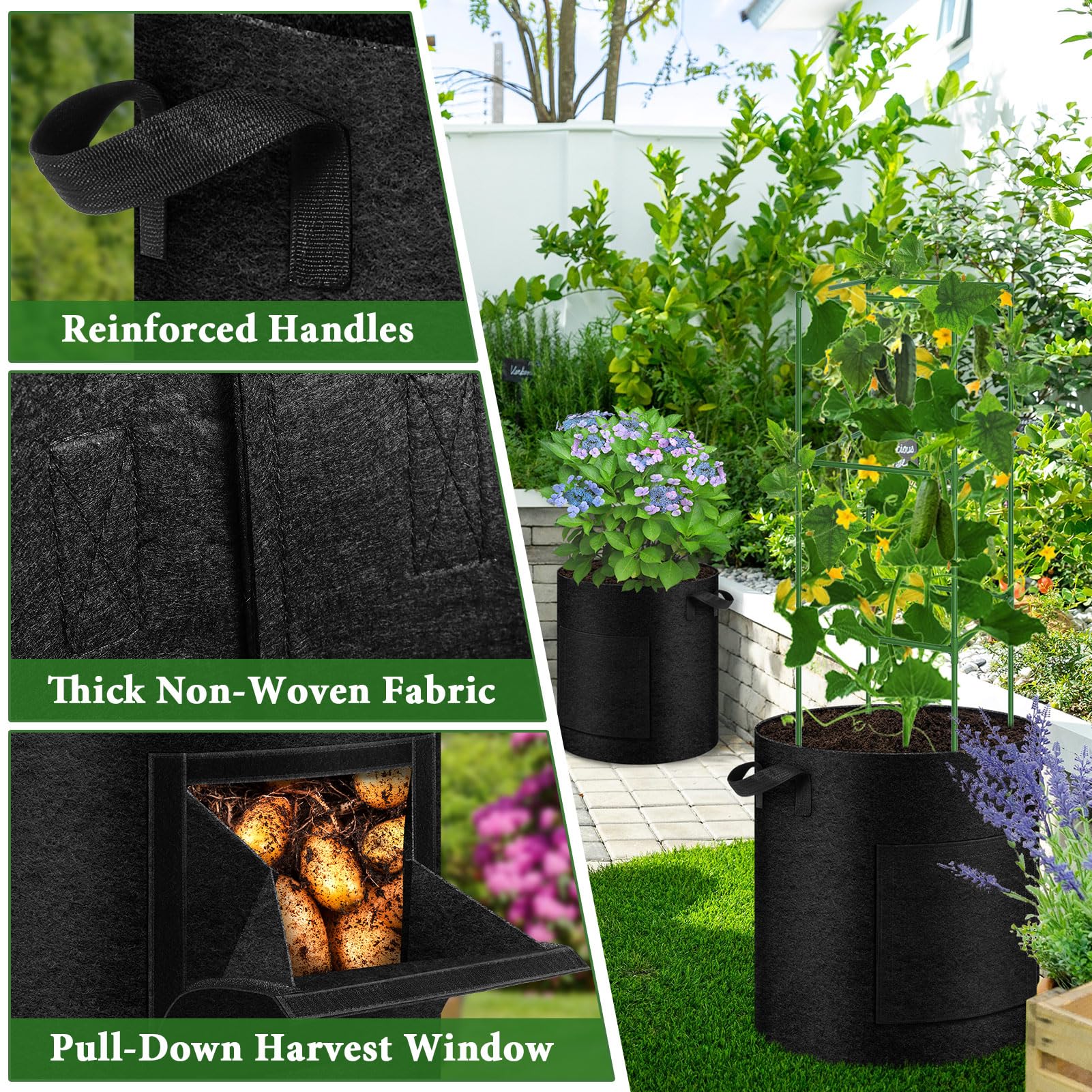 UJG 2 Pack 15 Gallon Potato Grow Bags with Pull-Down Harvest Window, Potato Bags for Growing Potatoes Heavy Duty Thickened Nonwoven Fabric Gardening Vegetable Growing Bags with Visible Window