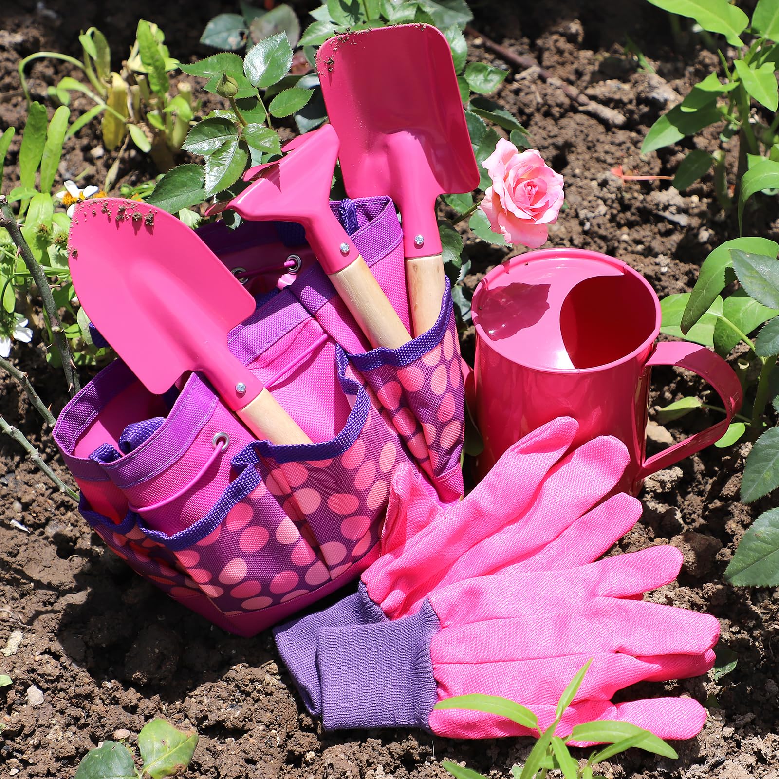 Kids Gardening Tools Set, Toddler Play Kit Child Outdoor Toy with Gloves, Watering Can, Metal Shovel, Rake, Spade & Storage Bag, Backyard Sand Digging Holiday Birthday Gift for Boy Girl 3 4 5 (Pink)
