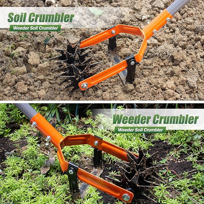 Walensee Rotary Cultivator Garden Tool, Adjustable Long Handle Hand Tiller with Star-Shaped Rolling Tines, 2-in-1 Weeder & Soil Aerator for Lawn Care, Reseeding Grass, Soil Mixing, Manual Yard Tiller