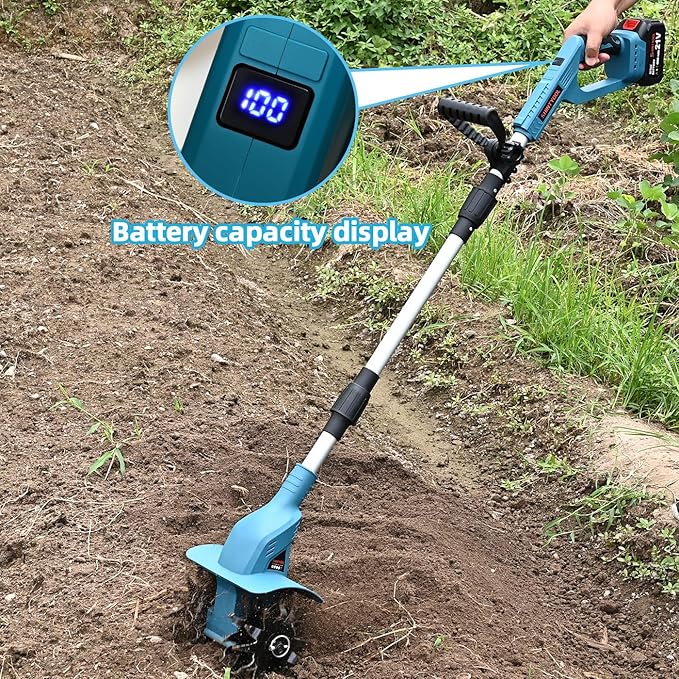 21v Cordless Tiller, 8-Inch Wide 4.0 Ah Battery Powered Garden Cultivator, Cultivator with Steel Tines and Battery Capacity Display, Rototiller for Lawn/Gardening/Soil Cultivation (Blue) by Shintyool