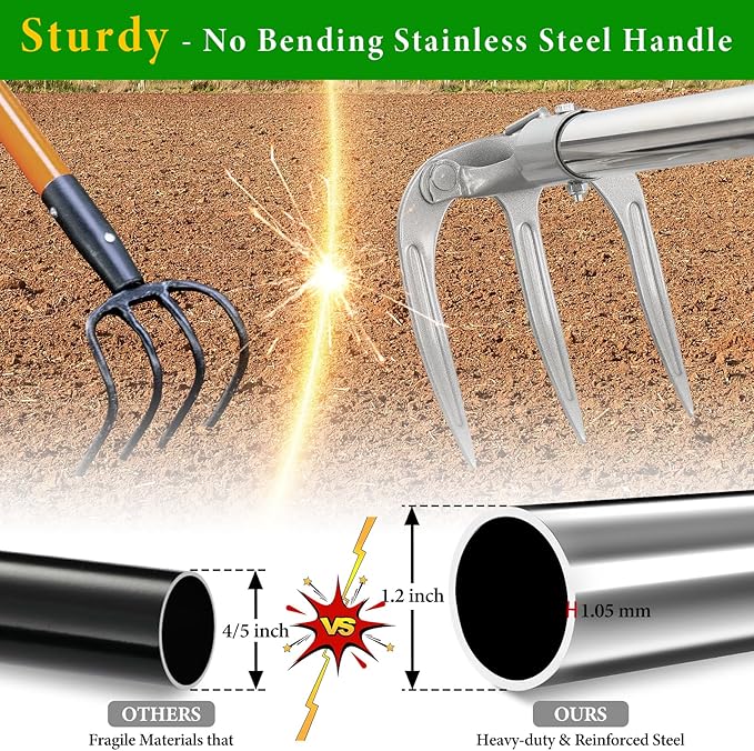 Garden Hand Cultivator Rake: 65" Long Handle Hoe Garden Tool with Ergonomic D Grip, Heavy Duty Iron 3-Tine Tiller Rakes for Gardening,Cultivating, Planting, Digging, Weeding