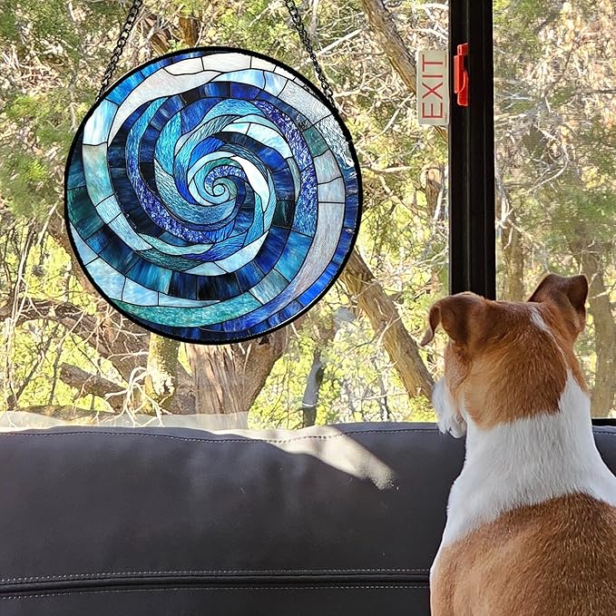 Stained Glass Window Hanging - Blue Abstract Swirl Suncatcher for Doors Garden Patio Unique Sun Catchers Decor Christmas Mother's Day Birthday Gifts for Women Men Mom Nana Friend 6.3 in