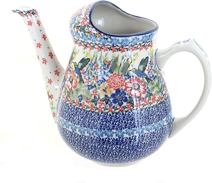 Blue Rose Polish Pottery - Red Hummingbird Watering Can - 8" Tall - Polish Pottery Watering Can, for The Garden, Patio or Indoor Décor