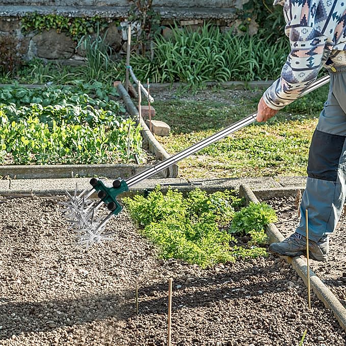 Rotary Cultivator Garden Rotary Tiller Adjustable Stainless Steel Poles Hand Tiller for Soil Mixing or Reseeding Grass Lawn Tiller Total Length 57 Inch