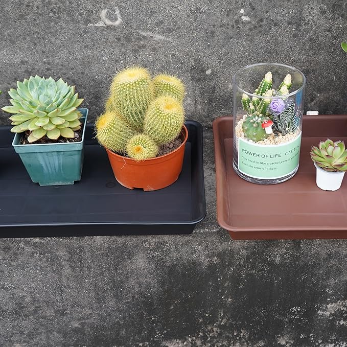 4 Pack Plant Saucer Tray Rectangular, Plant Saucers for Indoors, Heavy Sturdy Plastic Plant Drainage Trays, Plant Drip Trays for Pots, Seed Starter Growing Tray (11 x 9 inch, Black)