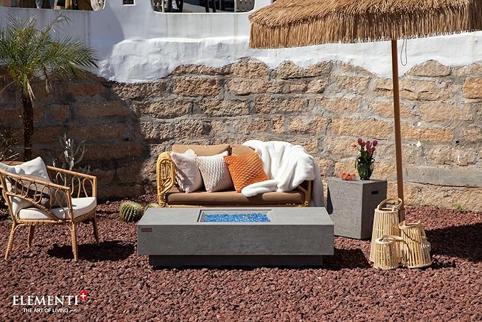 Elementi+ | Monte Carlo Gas Fire Pit Cast Concrete 60" Rectangular Fire Table, Outdoor Fire Pit Electronic Ignition | Canvas Cover, Fire Glass and Burner Lid Included | Light Gray | Natural Gas