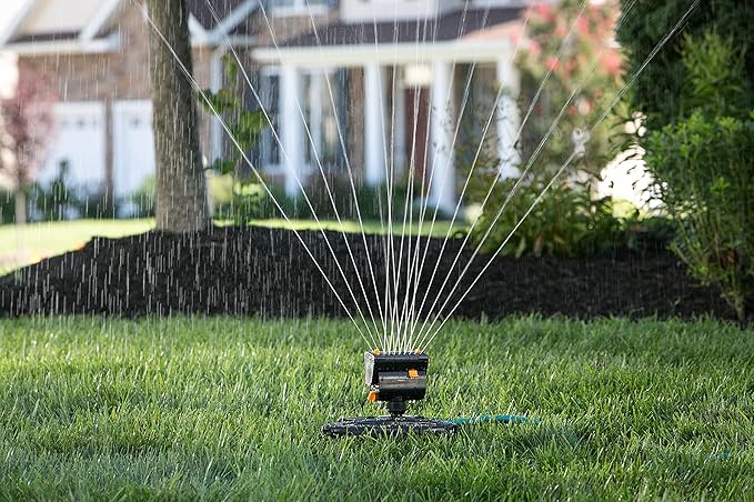 Eden 95124 Adjustable 4-Way Mini Turbo Oscillating Sprinkler W/Quick Connect Starter Set, Covers up to 4,069 sq. ft. Heavy Weight Base & Melnor 65131AMZ Mini Oscillator Sprinkler Bundle, Black, Yellow