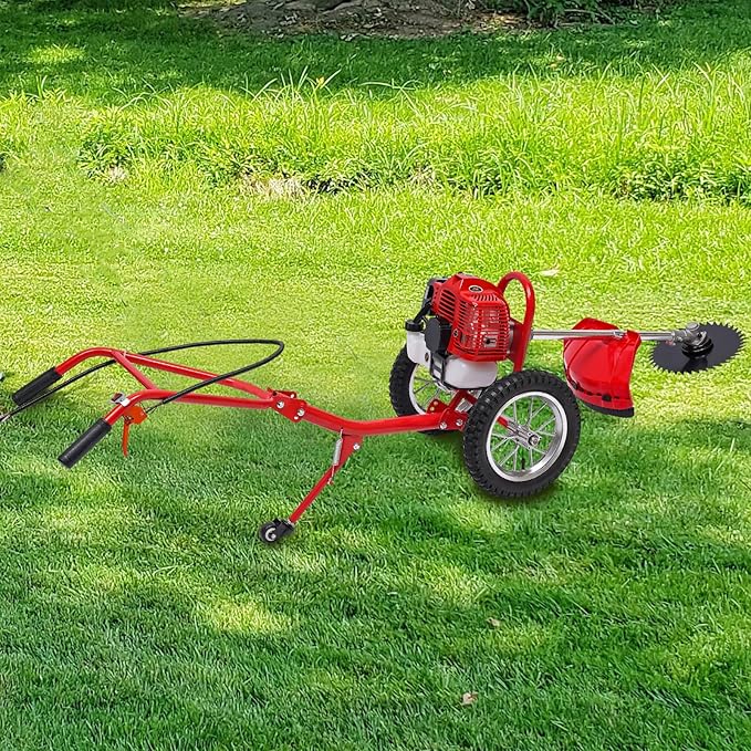 2 Stroke 49CC Gas Walk Behind Brush Cutter, Gas Powered Hand Push Lawn Mower, Brush Mower Gasoline Brush Broom Sweeping Machine, Gas Brush Cutter String Trimmer for Yard