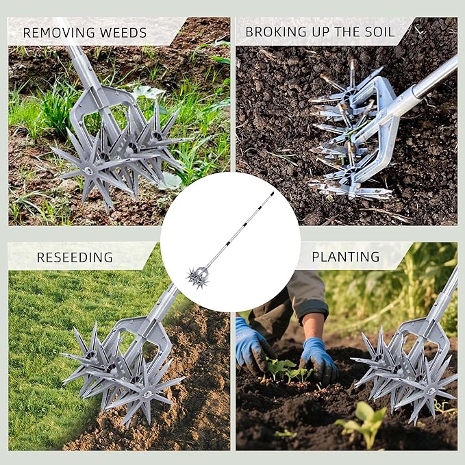 Rotary Cultivator, Adjustable Hand Tiller Garden Tool with Detachable Solid Metal Tines for Loosing and Mixing Soil,2-in-1 Manual Tiller Garden Cultivator for Reseeding Grass 58 Inch