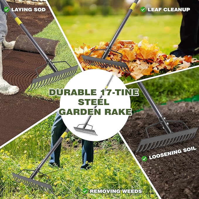 8 Piece Stainless Steel Gardening Tool Set - 17 Tine Heavy Duty Rake, 5 Piece Hand Tool Kit, Pruning Shears, and Gloves - All Season Gardening Essentials