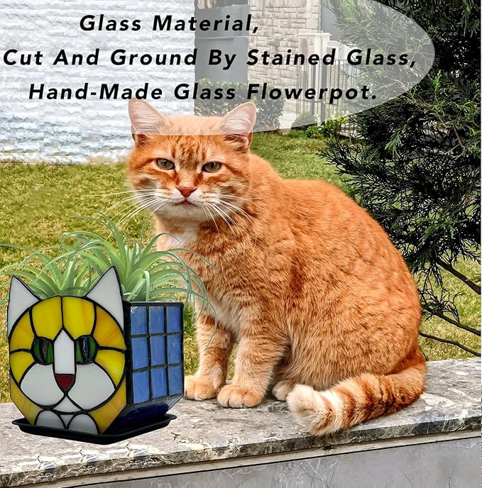 Stained Glass Cat Planter Pot with Drainage and Tray, Perfect for Succulents and Indoor Plants, Ideal Plant Gifts for Women and Orange Cat Lovers 4.6x5.15x3 in （Excluding Plants）