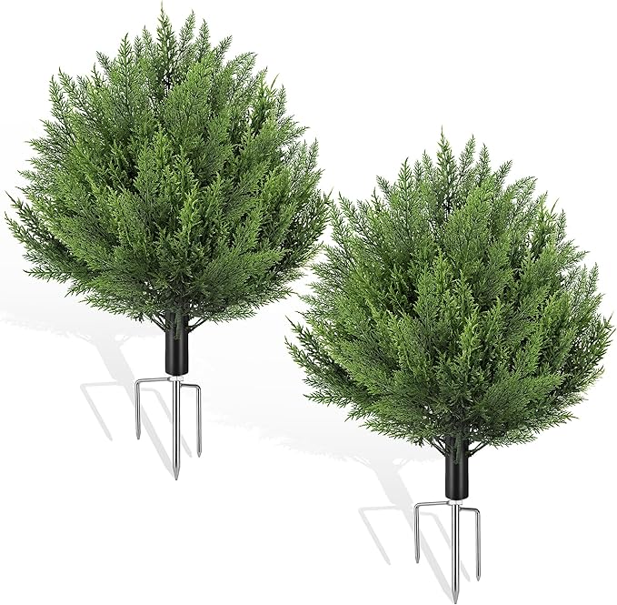 QCQHDU Artificial Cypress Topiary Ball Bush for Outdoor,24.8" Fake Trees Evergreen Plants with Ground Spike,UV Resistant Faux Cedar Shrubs for Indoor,Garden,Yard,Porch,Patio,Office,Home Decor,2 Pack